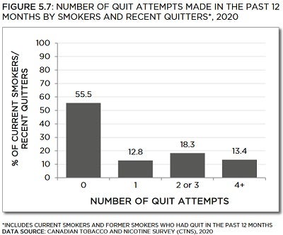 Bar chart showing number of quit attempts made in the past 12 months by smokers and recent quitters in 2020. Trends described in text. Data table below with 95% confidence intervals.