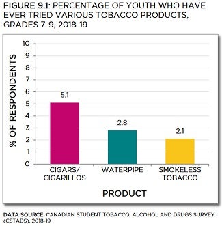 Bar chart showing percentage of youth who have ever tried various tobacco products, grades 7 to 9, from 2018 to 2019. Trends described in text. Data table below with 95% confidence intervals.