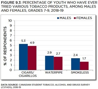 Bar chart showing percentage of youth who have ever tried various tobacco products, among males and females, grades 7 to 9, from 2018 to 2019. Trends described in text. Data table below with 95% confidence intervals.