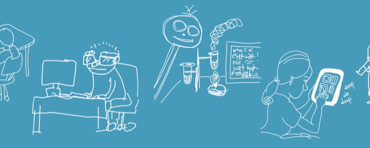 Cartoon of a person sitting at a desk, doing a lab experiment, and using a tablet