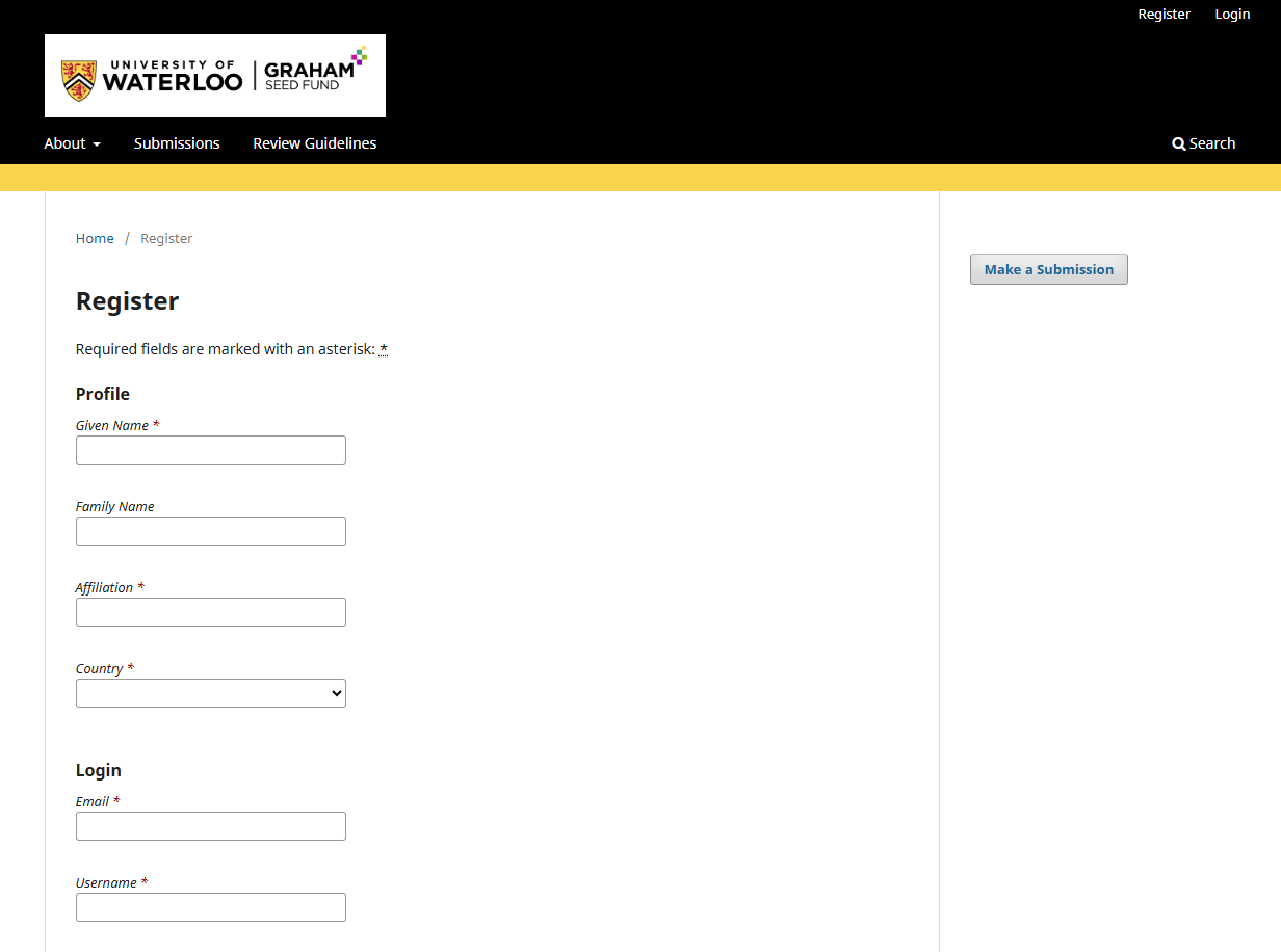 Registration page on OJS Grant Portal Submission System