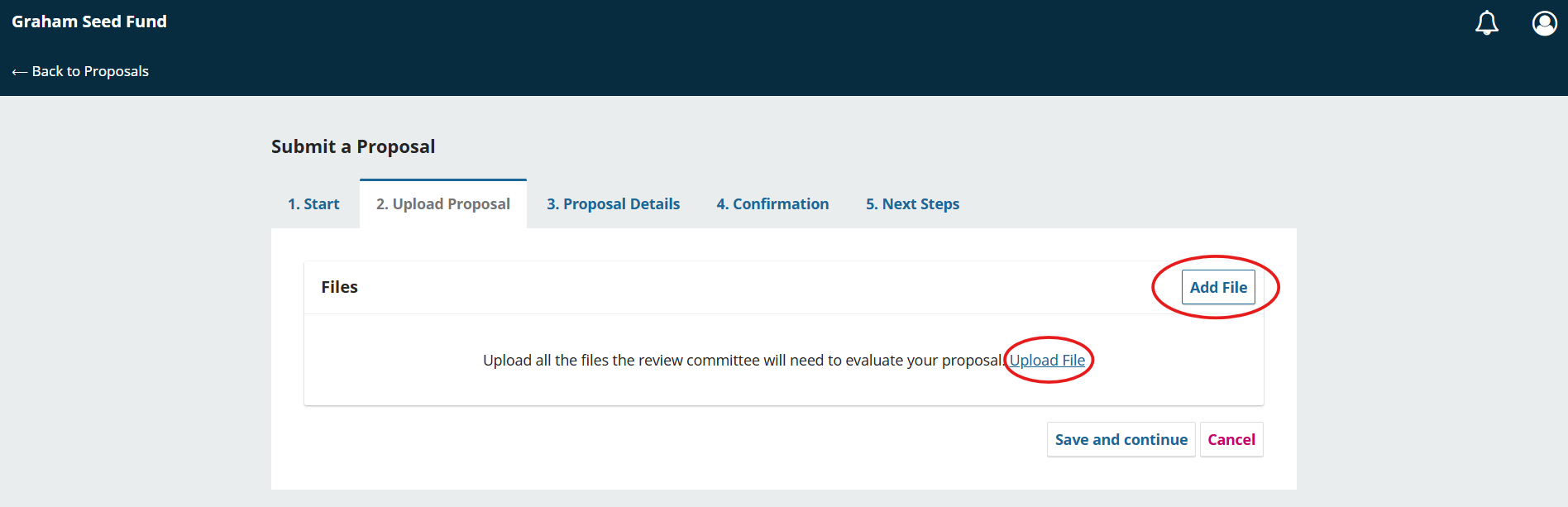 Add file screen on OJS Grant Portal