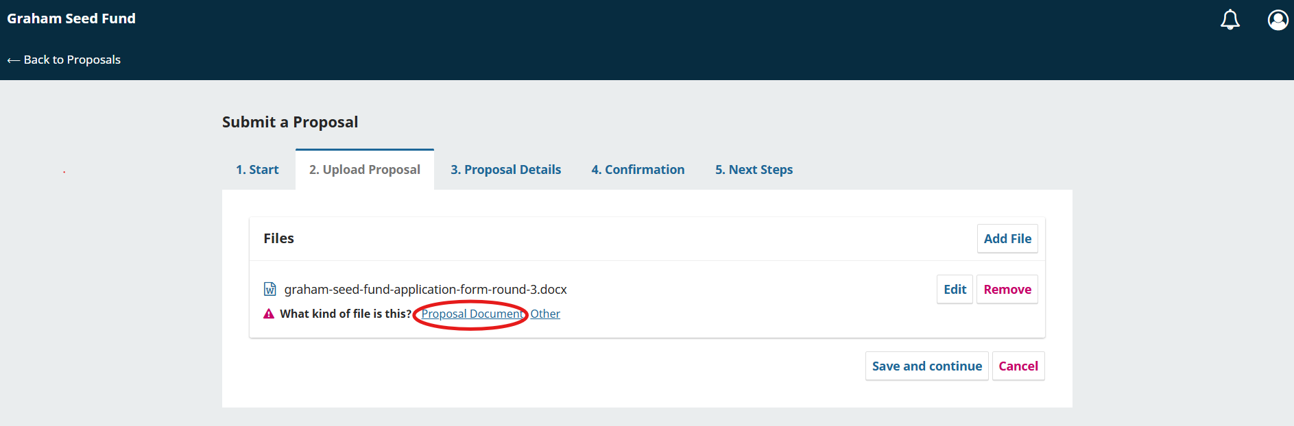 File linked label screen on OJS Grant Portal