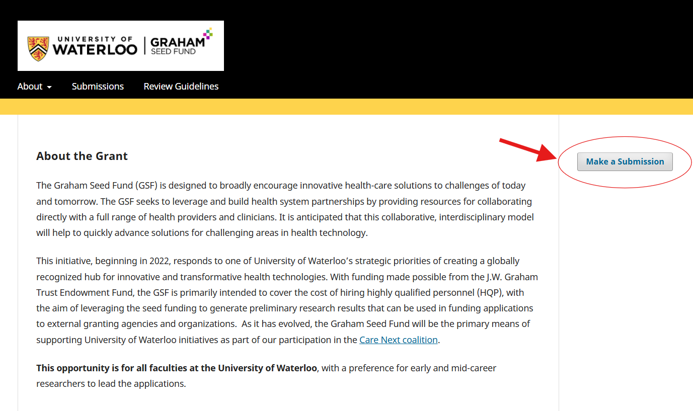 Make a submission CTA on OJS Grant Portal