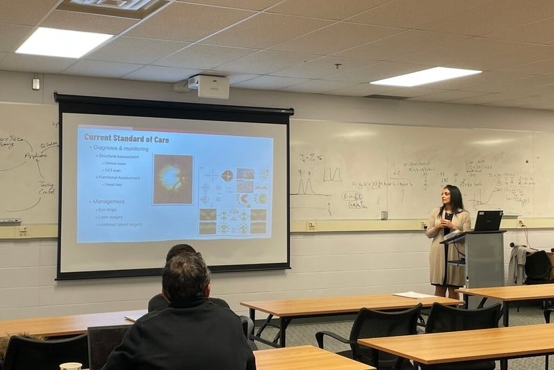 A person giving a presentation at the front of the room.