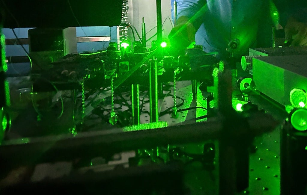 Green laser light is the correct energy to manipulate the energy states of barium ions. Credit: University of Waterloo