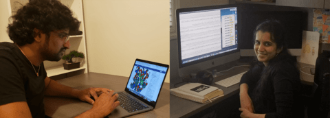 Professors Aravindhan Ganesan (Pharmacy, left) and Subha Kalyaanamoorthy (Chemistry, right) use drug design methods to target the molecular machinery that supports COVID-19 replication.