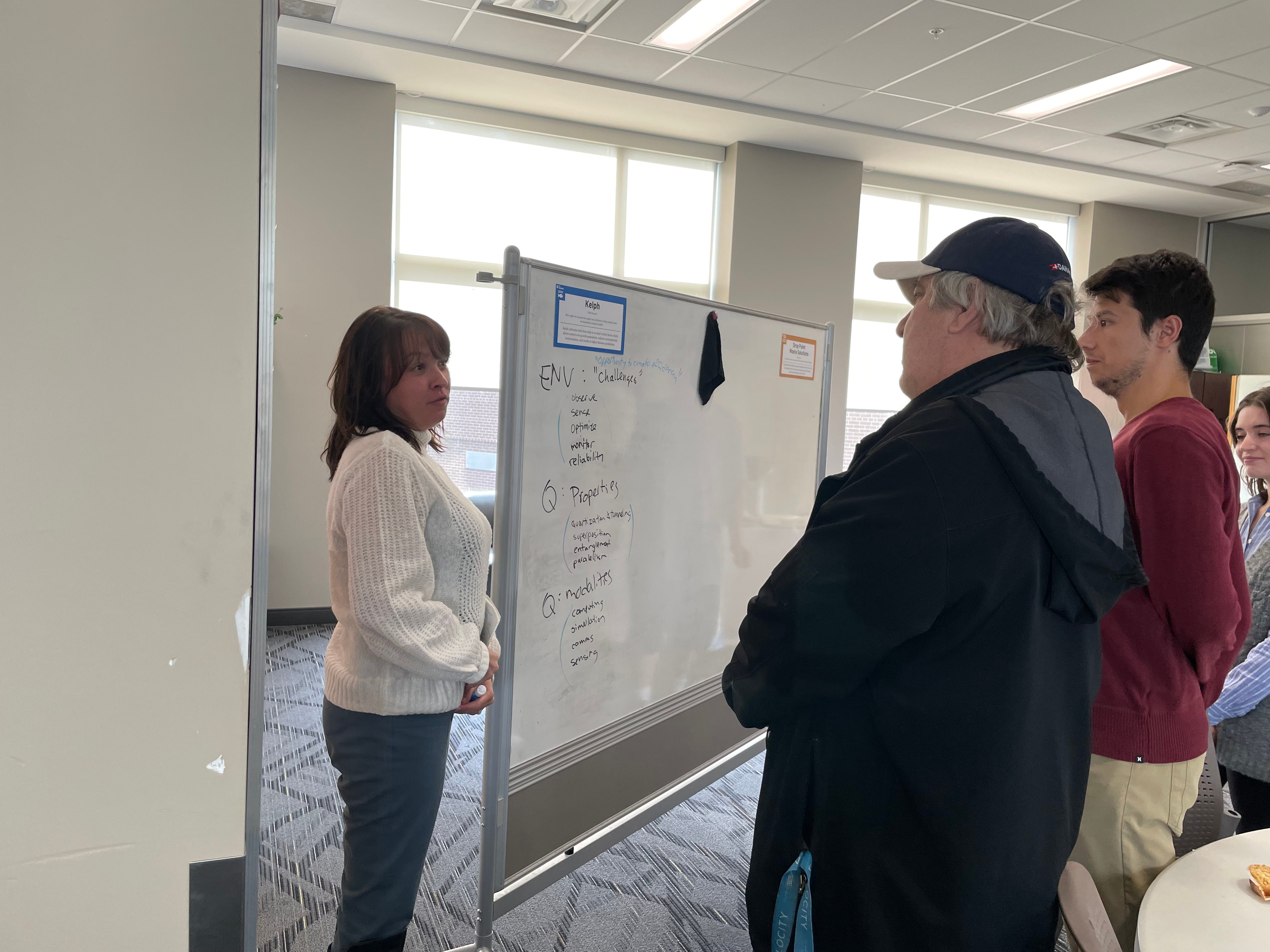 A group of people at a whiteboard, discussing ideas.