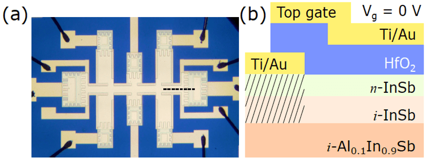 (a) Optical image of a gated Hall bar fabricated on the InSb surface quantum well. A global top-gate overlaps the Ohmic contacts in order to induce a 2DEG between contacts. (b) Schematic of the device cross-section along the dotted line in (a). Metal contacts are Ti/Au, the dielectric insulator is HfO2, and n-InSb indicates donor dopants within the top 5 nm of the InSb quantum well.