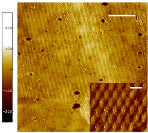 Figure 1. Topographic image of exfoliated 1T- TaS2 at 77 K (scale bar = 20 nm) obtained in the scanning tunneling microscope. The colour scale is in picometers. The periodic structure resolved in the main image is a charge density wave known to occur in this material. Inset: magnified image showing both the charge density wave and the underlying atomic lattice (scale bar = 1.4 nm).