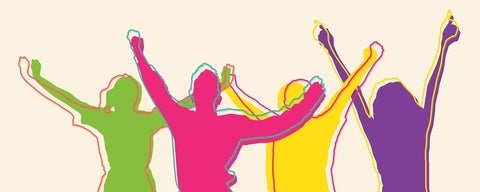 Stylized people with hands in the air in (l-r) green, red, yellow, purple. Image by Gerd Altmann, Pixabay. Image by 
