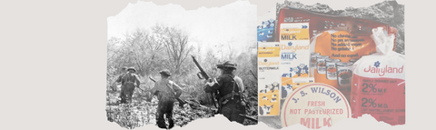 two images; soldiers with guns, left; milk cartons and bag, right