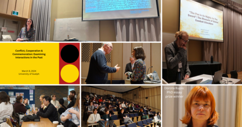 Images from 2024 conference. Keynote, people discussing. Words: left middle: Conflict, Cooperation and Commemoration: Examining Interactions in the Past. March 9, 2024. Right bottom, Dorota Kupis: PhD essay prize winner.
