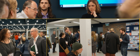 Top: seminar presentation; bottom right two people talking in a hallway; bottom left, people gathering in a lobby