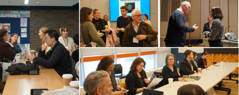 Left: students at a table; Middle: people talking; right: two people talking; bottom: seminar room with participants at a table