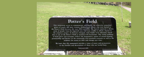Potter's field stone at a cemetery with descriptive text