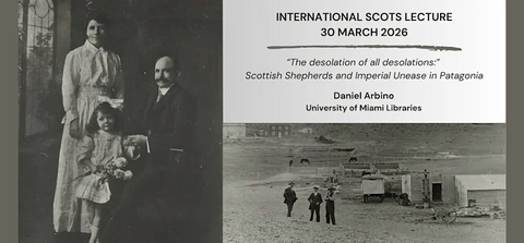 Early 20th century Scottish family on left; Sheep farm on bottom right. Text of title of event, top right.