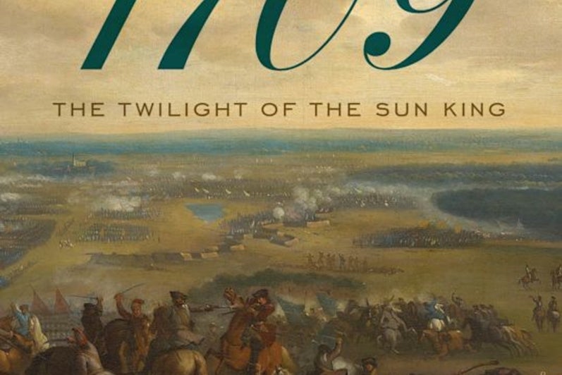 Painting of horses and soldiers overlooking a battlefield with book title text overlay