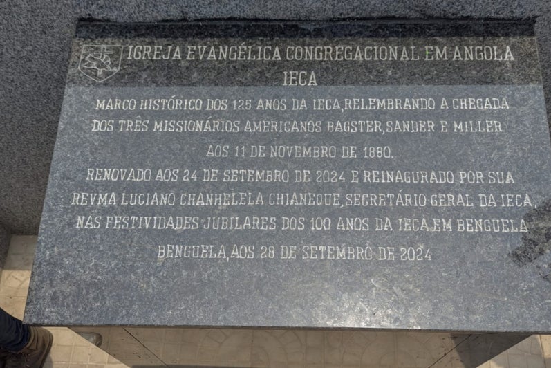 IECA’s plaque commemorating American missionaries, located in Benguela, Angola, September 2024