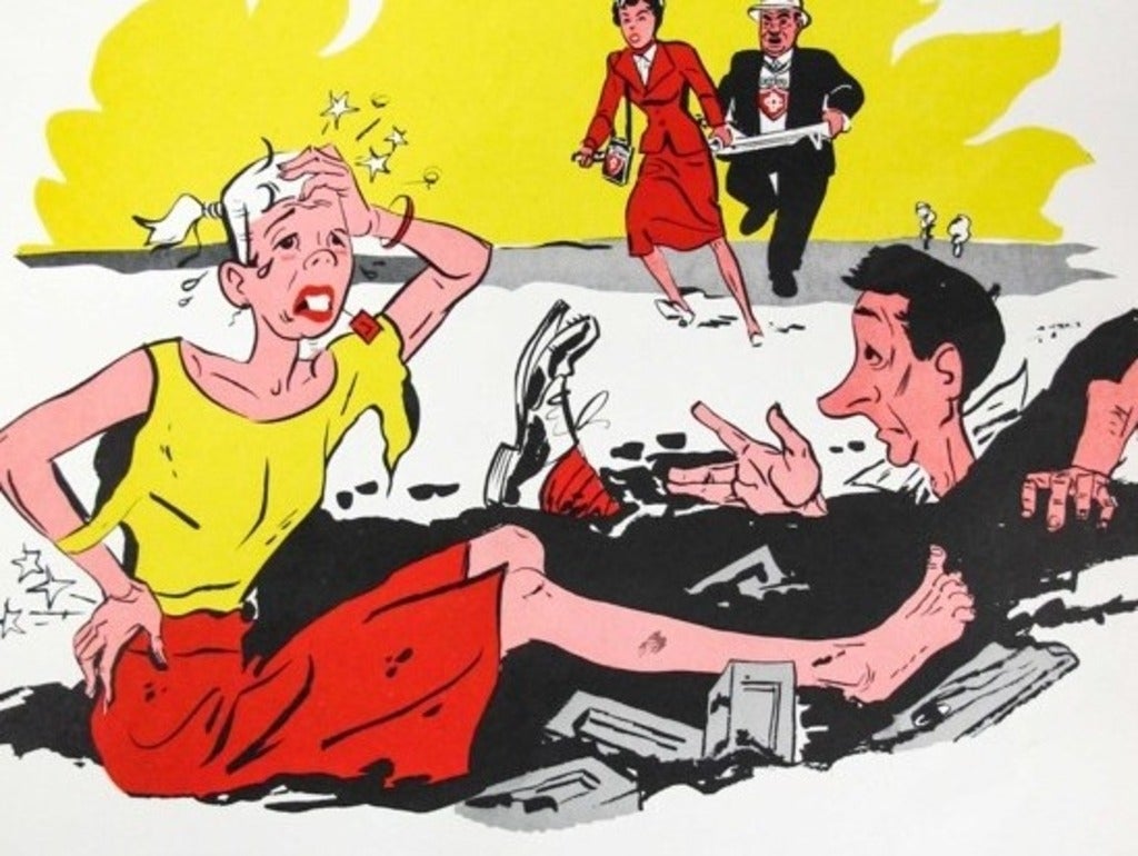 Graphic of woman and man fallen in mud with rescuers in the background