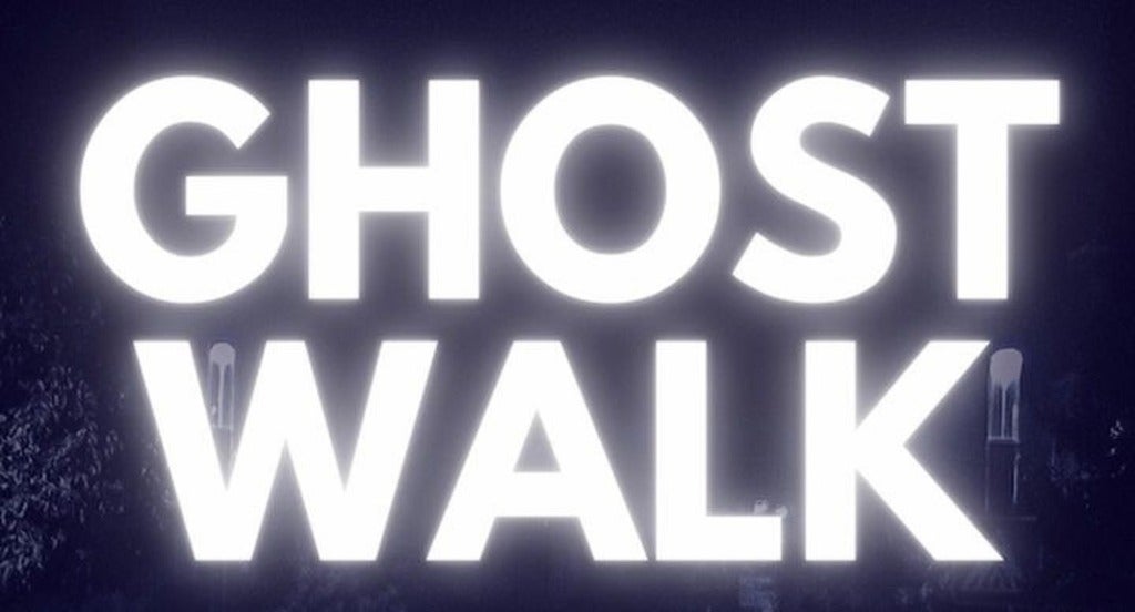 Image: White letters on black background: Ghost Walk