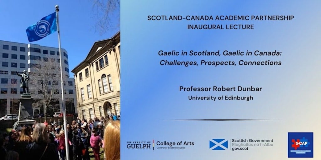 Gaelic flag in front of buildings plus text about lecture