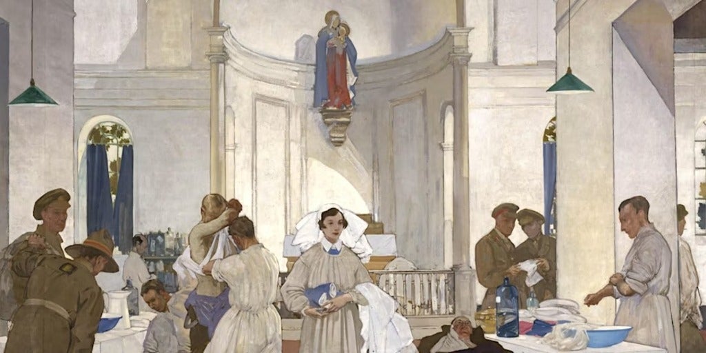 Painting o a makeshift military hospital in a chuch. Nuns, nurses and doctors are treating patients