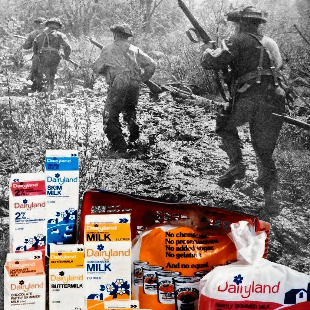 image of milk cartons and bag in colour over black and white image of soldiers with guns