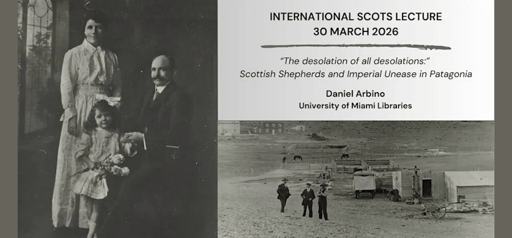 Early 20th century Scottish family on left; Sheep farm on bottom right. Text of title of event, top right.