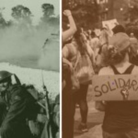 cut-out image of soldiers on left and protestor with "solidarity" sign on right