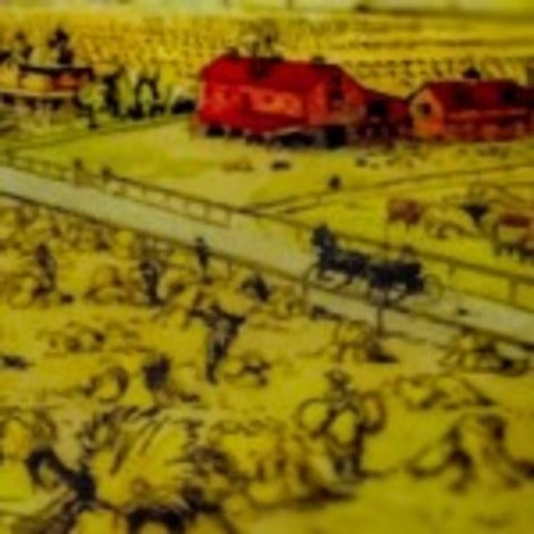 Partial image of rural red barn painting