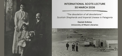 Early 20th century Scottish family on left; Sheep farm on bottom right. Text of title of event, top right.