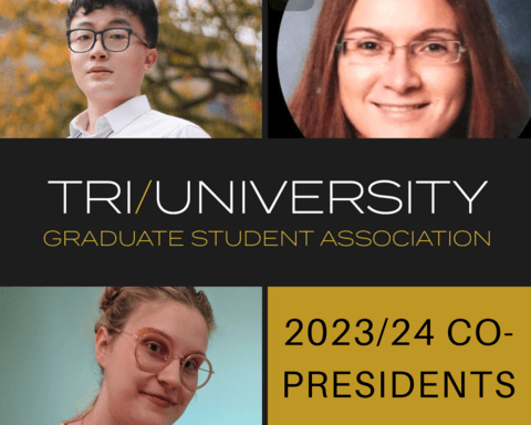 Headshots of Raymond Li, Vera Zoricic, and Kess Carpenter. Text: 2023/24 Co-presidents. In centre, Tri-University Graduate Student Association