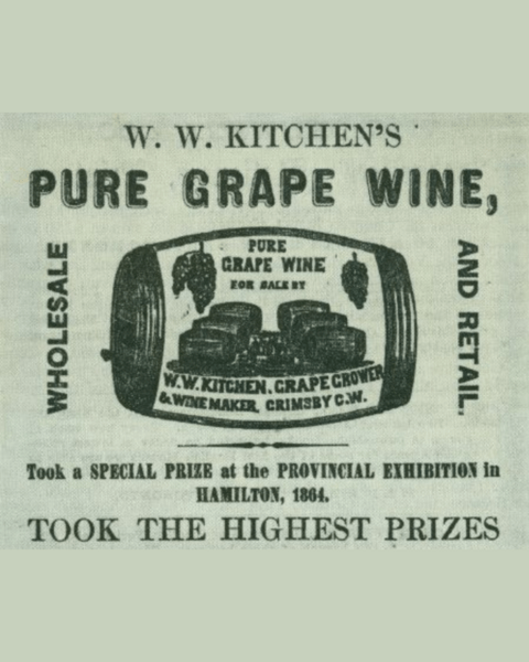 advertisement for W. W. Kitchen's Pure Grape Wine with barrel and text.
