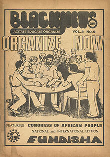 Black News title page. Text: Featuring Congress of African People. National and International Section Fundisha. Hand-drawn image of people around a table.