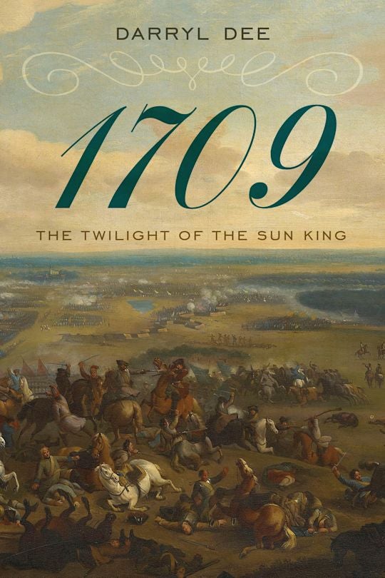 Painting of horses and soldiers overlooking a battlefield with book title text overlay