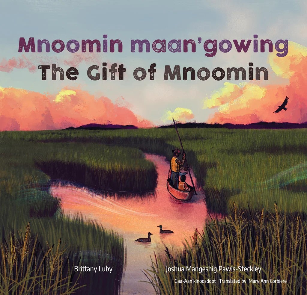 children's book cover "The Gift of Mnoomin" with painting of a river, ducks and a canoe with two people in it.