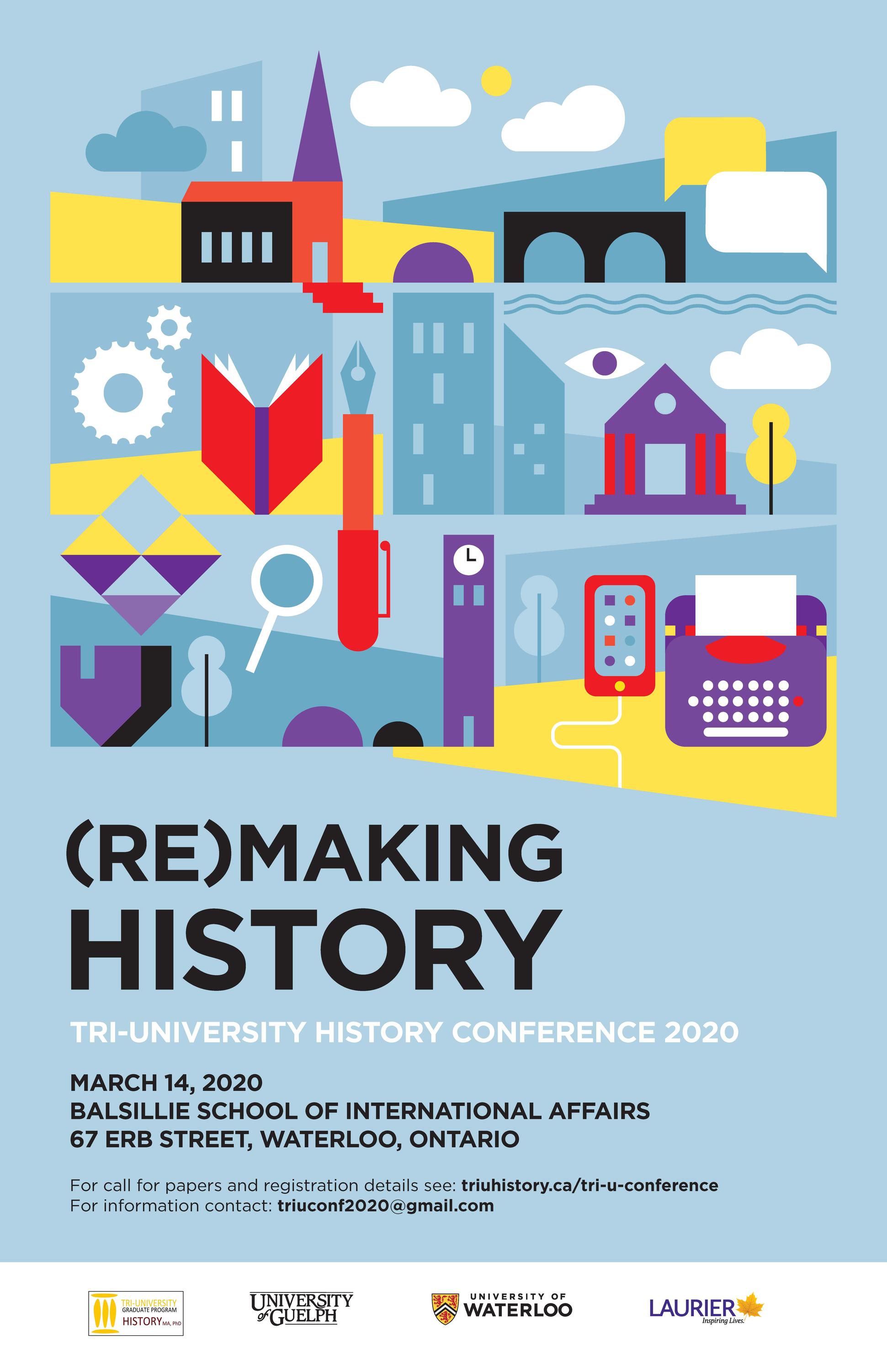 Remaking history poster of stylized buildings, writing instruments, technology