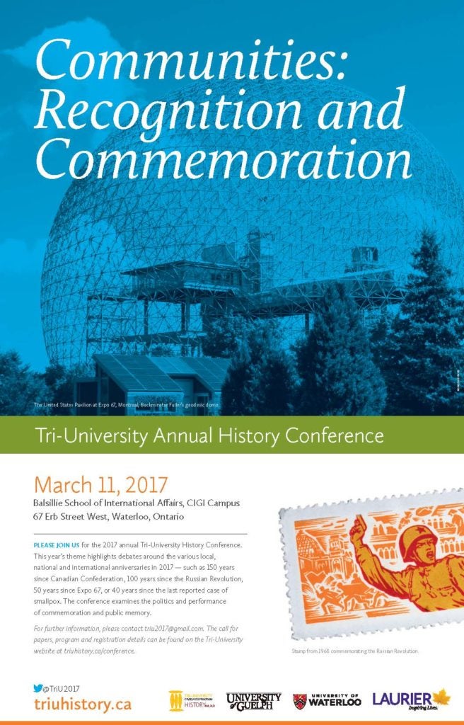 2017 Conference poster including an image of the United States Pavillion at Expo 67 in Montreal: Buckminster Fuller's geodesic dome. Also includes an image of a 1968 stamp commemorating the Russian Revolution.