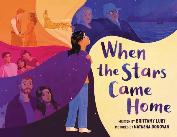Children's book cover: "When the Stars came home" written by Brittany Luby pictures by Natasha Donovan. Child looking at images of other people