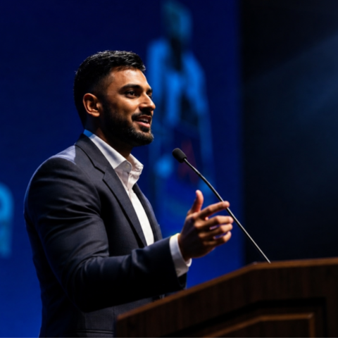 Ashoke in the limelight speaking at a podium