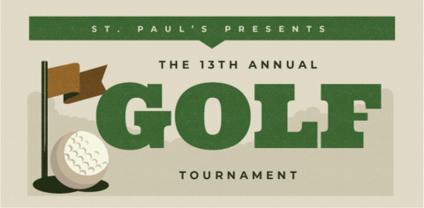 golf ball and flag illustration. text: St. Pauls presents the 13th annual golf tournament