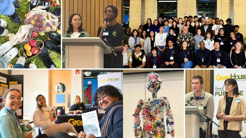 A collage of photos including (from top-left and continuing clockwise) a group of people standing around a basket of produce, two people standing at a podium, a large group photo with many people, two different people standing at the same podium, a sculpture of a person created from waste such as candy wrappers, four people sitting at a table looking at the camera smiling