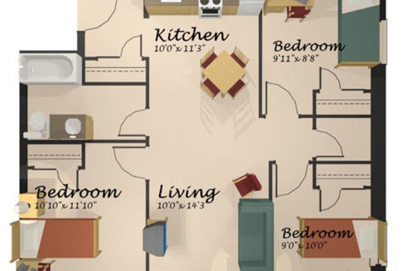 A floor plan of the three-bedroom suite