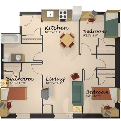 A floor plan of the upper-year three-bedroom shared suite
