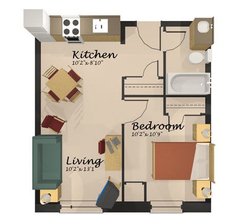 A floor plan of the one-bedroom apartment