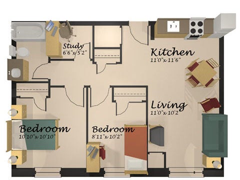 A floor plan of the upper-year two-bedroom shared suite
