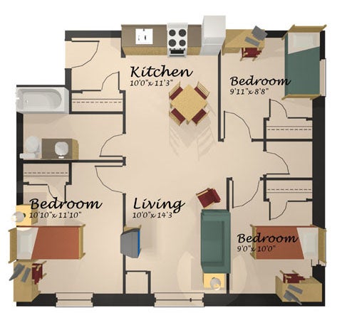 A floor plan of the upper-year three-bedroom shared suite