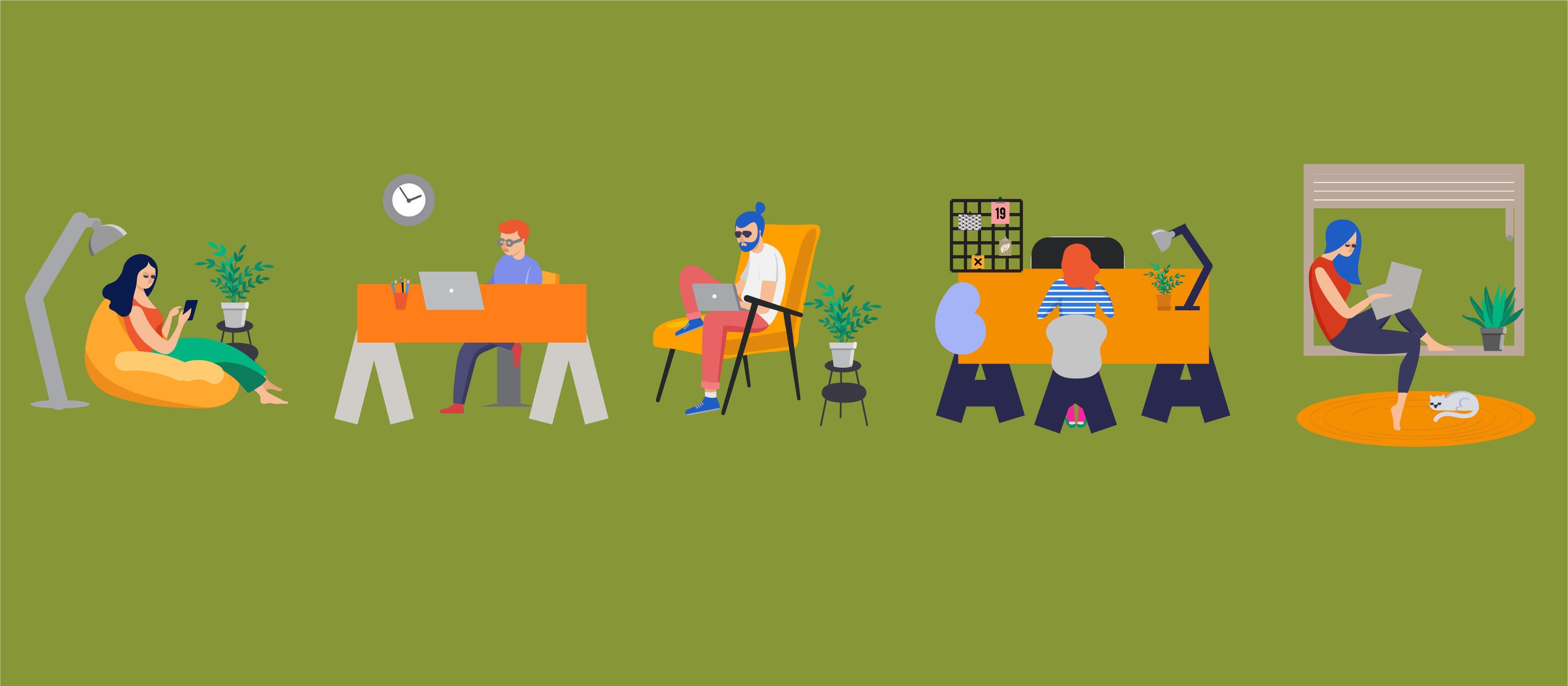illustration of 5 people working and relaxing 