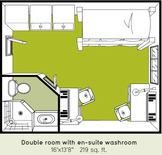 Room layout with bunk beds, washroom and desks